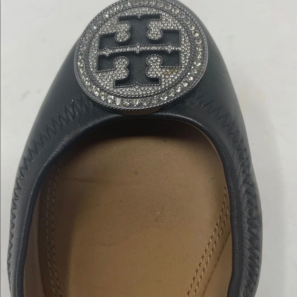 Tory Burch Black Ballet Flats with Silver Rhinestone Logo Size 6.5
